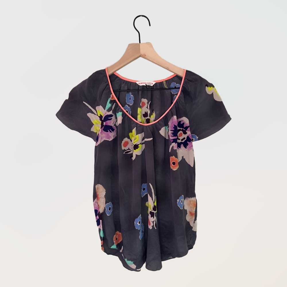 Rebecca Taylor Sz 0 Grey Floral 100% Silk Short Sleeve